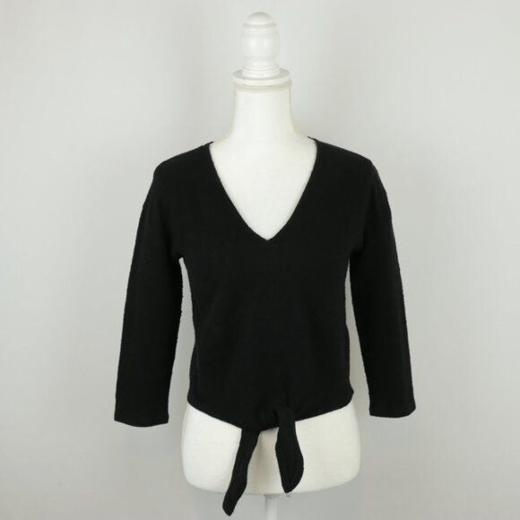 Madewell Women's XS Black Textured V-Neck 3/4 Sleeve Tie Hem Blouse - Picture 3 of 10